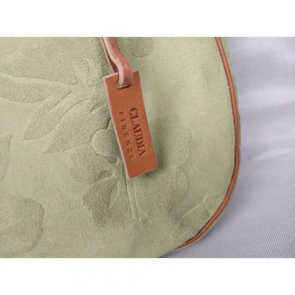 Claudia Firenze Italian Suede Leather Hobo Bag Pale Green Tan Trim Floral Zipper